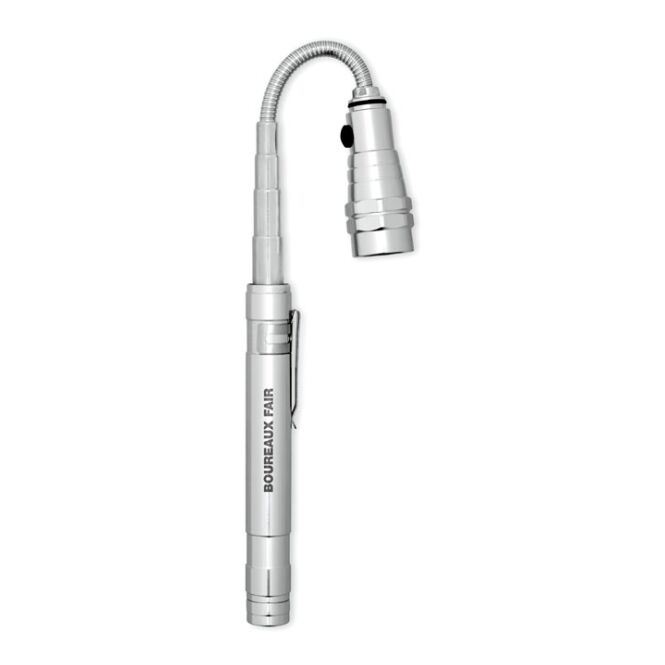 Werbeartikel Taschenlampe Teleskop – silber – mit Logo bedruckt, 3 LED, flexibler Magnetkopf, Clip, 57 cm, 4x LR44, helle Handleuchte