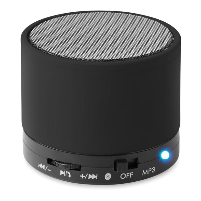 Kundengeschenk Bluetooth Lautsprecher rund – schwarz – mit Logo bedruckt 450mAh Akku 3W für das Homeoffice und den Büroalltag