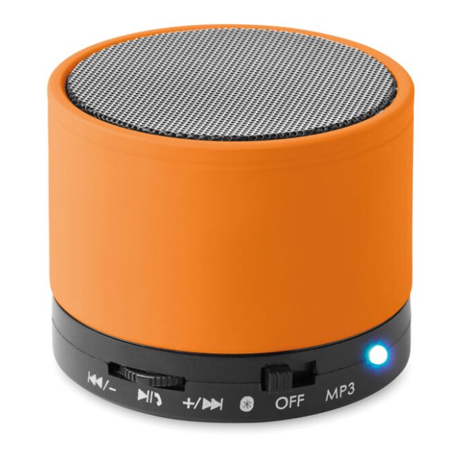Werbeartikel Bluetooth Lautsprecher rund – orange – mit Logo bedruckt 3W 450mAh für den Büroalltag