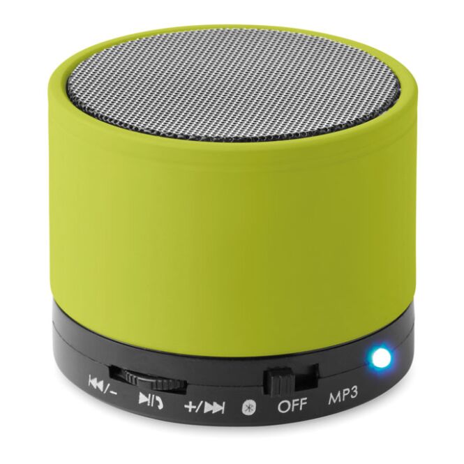 Werbeartikel Bluetooth Lautsprecher rund – limette – mit Logo bedruckt 3W 450mAh Akku für Technik-Messen und den Büroalltag
