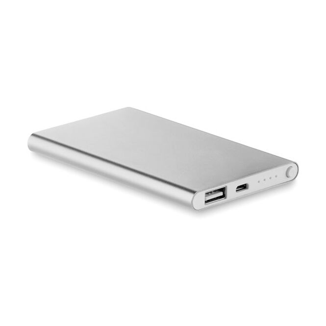 Premium-Werbeartikel Powerbank 4000 mAh Aluminium – mattsilber – mit Logo bedruckt für das Mitarbeiter-Onboarding und Messen