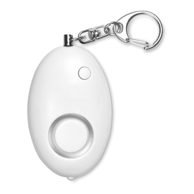 Werbegeschenk Schlüsselanhänger mit Alarm – weiss – mit Logo bedruckt ABS Kunststoff mit LED-Licht als Sicherheits-Gadget für Messen