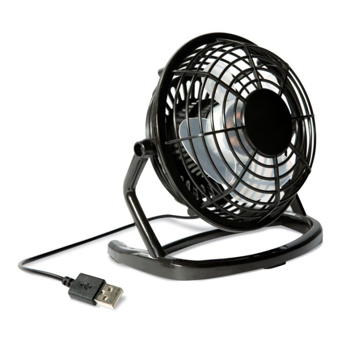 Werbeartikel Tischventilator mit USB-Kabel – schwarz – mit Logo bedruckt, ABS-Gehäuse, kompakter Tischlüfter für Messen & Events