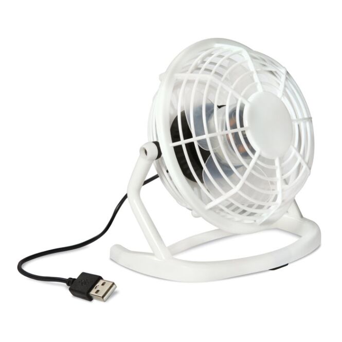 Werbeartikel USB-Tischventilator – weiss – mit Logo bedruckt ABS-Gehäuse mit USB-Kabel kompakter Tischlüfter für Messen & Events