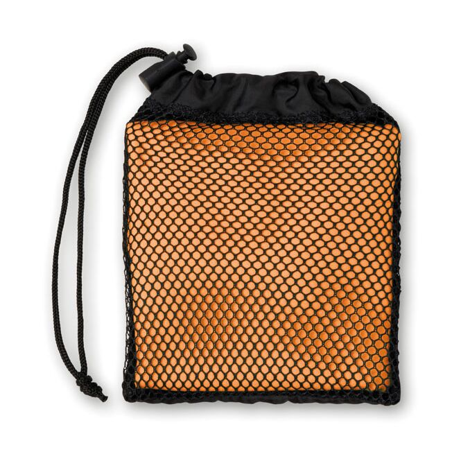 Werbeartikel Sporthandtuch in Netztasche – orange – mit Logo bedruckt für Outdoor-Events
