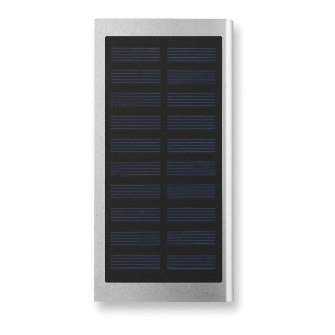 Kundengeschenk Solar Powerbank 8000 mAh Aluminium – mattsilber – lasergraviert nachhaltiges Öko-Tech für das Homeoffice
