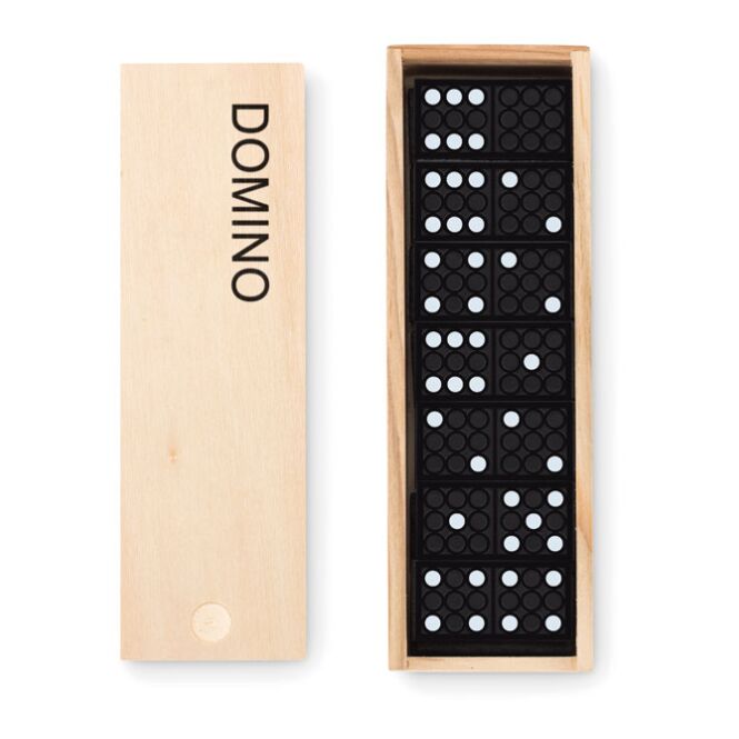 Werbeartikel Domino-Spiel aus Kunststoff in Holzbox – holzfarben – mit Logo bedruckt für Messen & Promotion