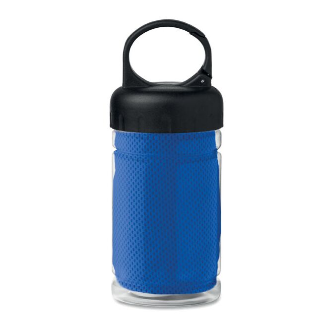 Werbeartikel Erfrischungs-Handtuch aus Polyester in PET-Flasche – königsblau – mit Logo bedruckt für Strand-Promotions