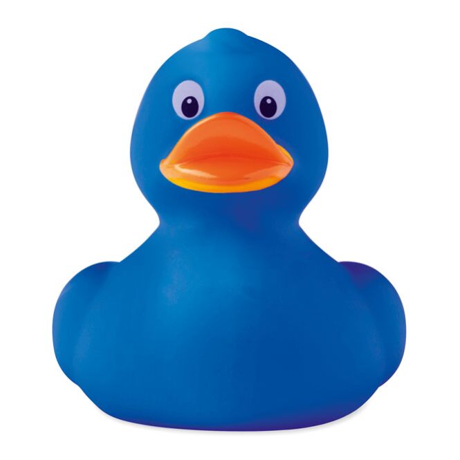 Firmengeschenk Badeente medium – blau – mit Logo bedruckt, quietschendes Quietscheentchen für Messen & Events