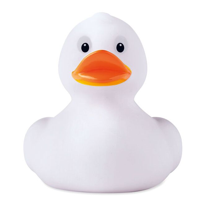 Werbeartikel Badeente medium – weiss – mit Werbedruck aus PVC, quietschendes Badezimmer-Accessoire ideal für Messen & Events