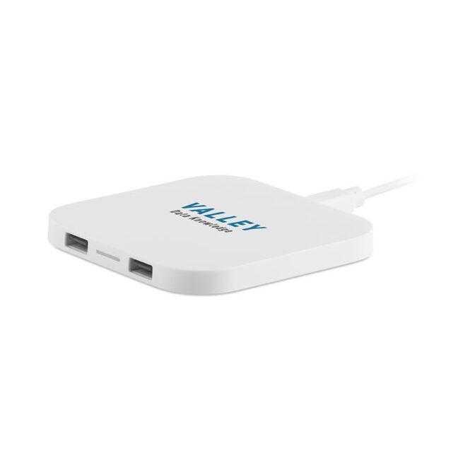 Kundengeschenk Wireless Charger – weiss – bedruckbar mit 2 Ports Hub und USB-Anschluss 5V/1.0A für den Büroalltag
