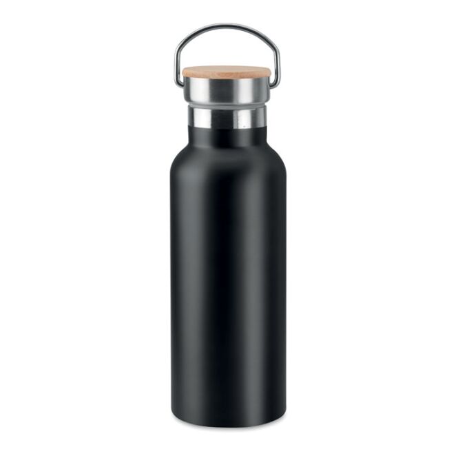 Firmengeschenk Doppelwandige Trinkflasche Edelstahl – schwarz – mit Logodruck 500 ml nachhaltig vakuumisoliert auslaufsicher für Außendienst