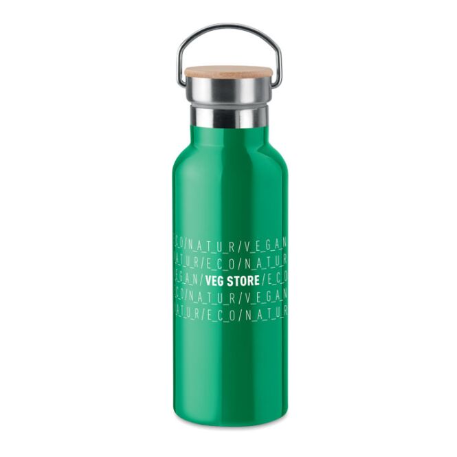 Firmengeschenk Doppelwandige Trinkflasche Edelstahl – grün – mit Logodruck 500ml doppelwandig auslaufsicher nachhaltig Bambusdeckel