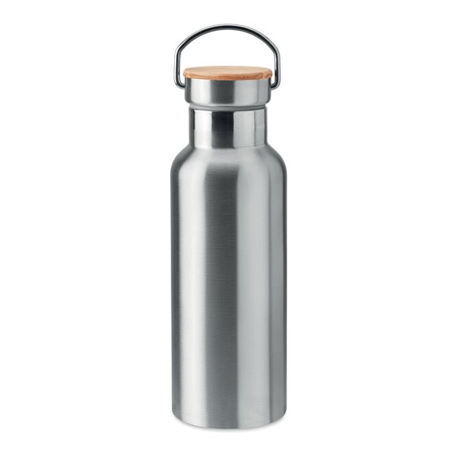 Firmengeschenk Edelstahl-Trinkflasche mit Bambus Deckel – mattsilber – mit Logodruck 500 ml vakuumisoliert doppelwandig für Mitarbeiter