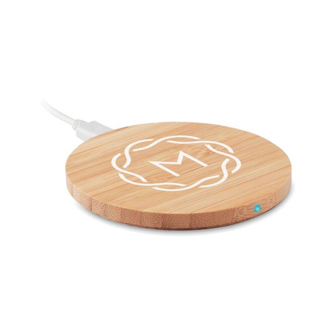 Kundengeschenk Wireless Charger Bambus – holzfarben – mit Gravur nachhaltig Qi-Standard für das Homeoffice und Büroalltag