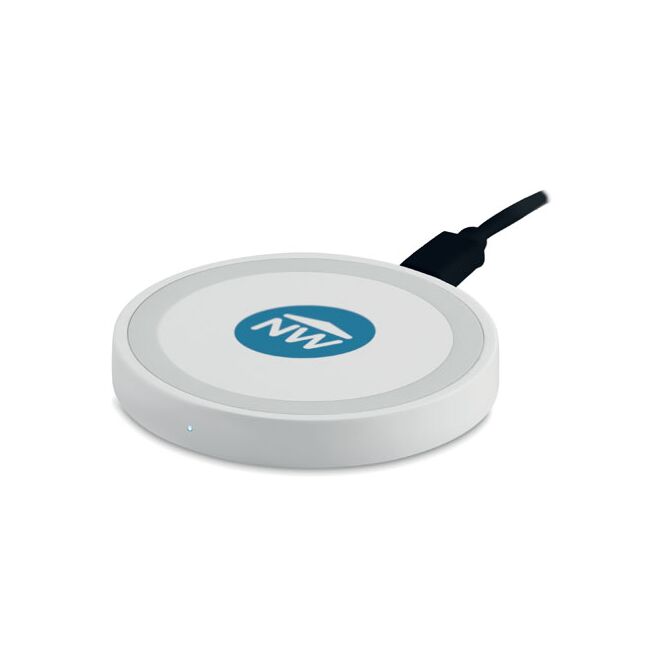 Kundengeschenk Wireless Charger rund – weiss – mit Logo bedruckt Qi-Standard für das Homeoffice