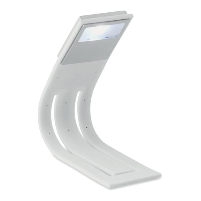 Kundengeschenk Tischlampe LED Leseleuchte – weiss – mit Werbedruck, inkl. 2 CR2032 Batterien, moderne Akkuleuchte für Bücher