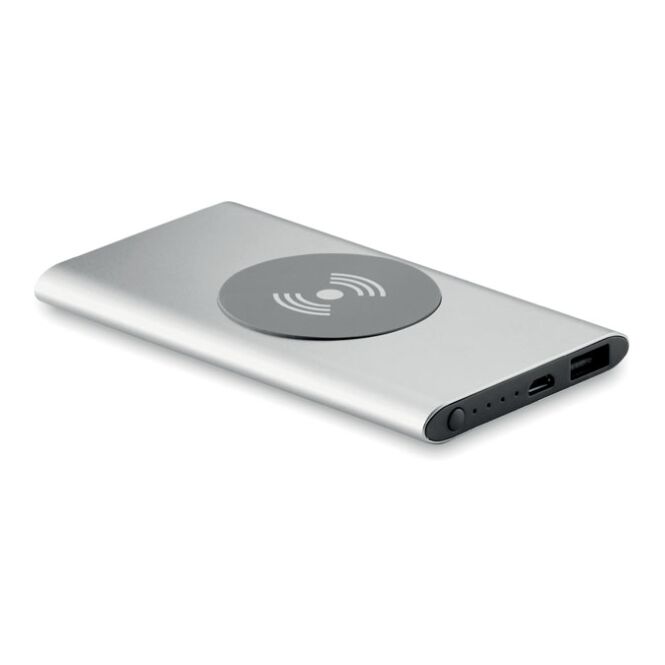 Premium-Werbeartikel Powerbank Ladestation Aluminium – mattsilber – mit Gravur 4000 mAh Qi-Standard USB-C für das Homeoffice