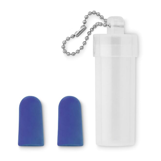 Werbeartikel Ohrstöpsel im Kunststoff-Etui – blau – mit Logo bedruckt für Messen & Promotion