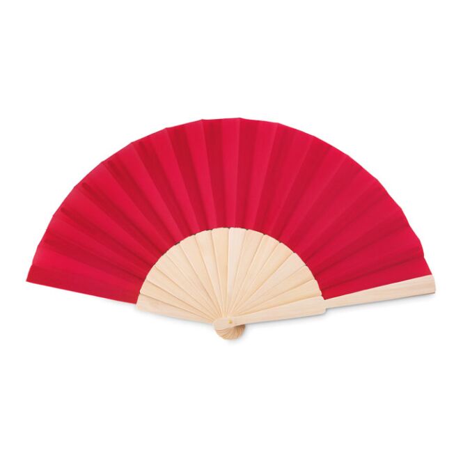 Werbeartikel Handfächer aus Holz und Polyester – rot – mit Logo bedruckt für Strand-Promotions