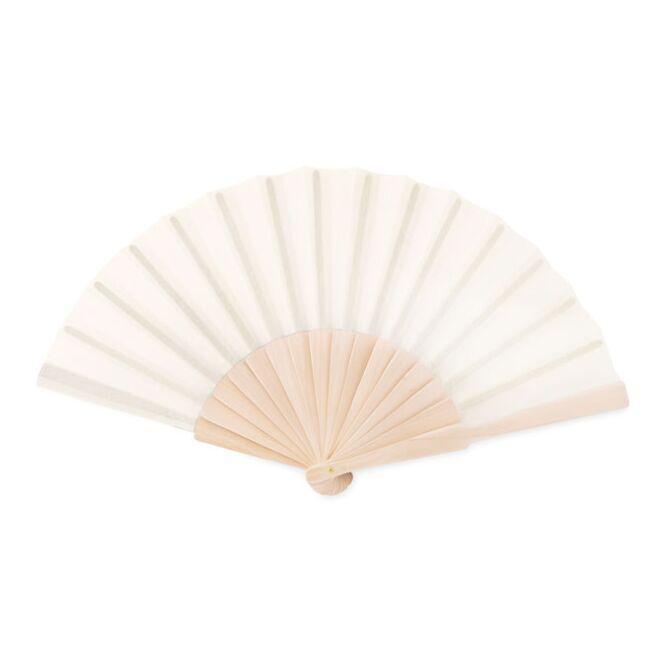 Werbeartikel Handfächer Holz Polyester – beige – mit Logo bedruckt für Sommer-Promotions
