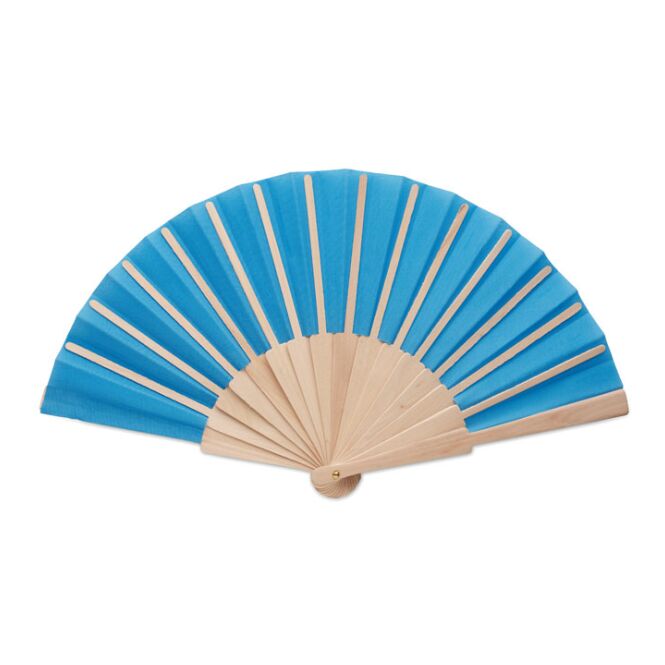 Werbegeschenk Handfächer Holz-Polyester – königsblau – mit Logo bedruckt für Strand-Promotions