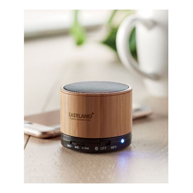 Firmengeschenk Bluetooth Lautsprecher Bambus – schwarz – mit Logo bedruckt 450 mAh 3W nachhaltig als edles Kundenpräsent