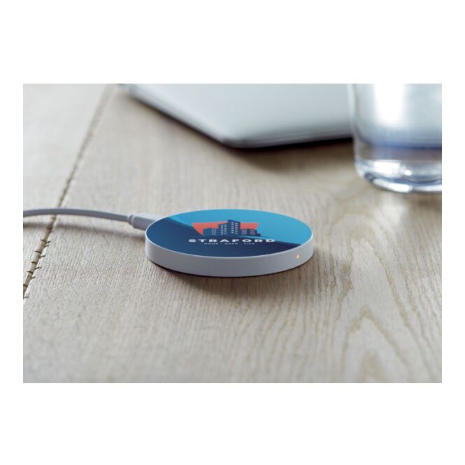 Werbeartikel Wireless Charger schlicht – weiss – mit Logo bedruckt Qi-Standard für das Homeoffice