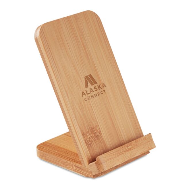 Premium-Werbeartikel Wireless Charger wire & stand – holzfarben – mit Logo bedruckt, nachhaltige Öko-Tech für das Homeoffice