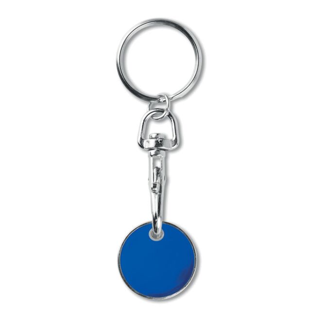Streuartikel Schlüsselring mit Einkaufswagenlöser – königsblau – mit Logo bedruckt aus Eisen als praktisches Messe-Giveaway