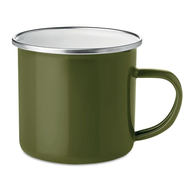 Werbeartikel Emaillierter Metall-Becher – grün – mit Logodruck 350 ml für die Büroküche