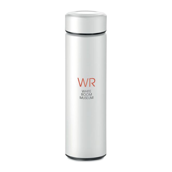 Firmengeschenk Edelstahl Trinkflasche – transparent – mit Logodruck 470 ml doppelwandig vakuumisoliert für den Außendienst