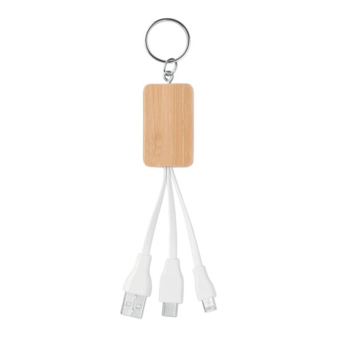Premium-Werbeartikel 3in1 Ladekabel Bambus – holzfarben – mit Logo bedruckt nachhaltig als Firmengeschenk für Messen
