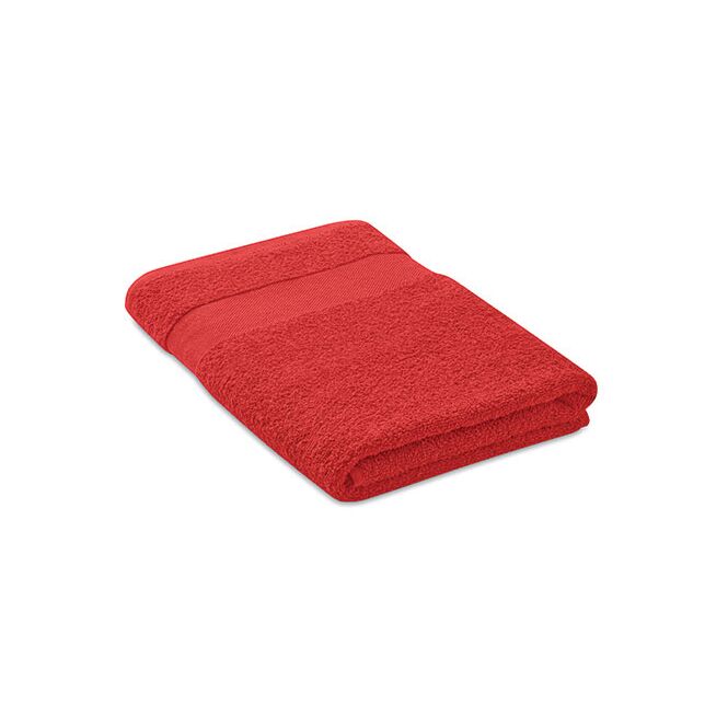 Mitarbeitergeschenk Handtuch 140x70cm – rot – mit Logo bedruckt 100% Bio-Baumwolle 360g/qm GOTS-zertifiziertes nachhaltiges Textil