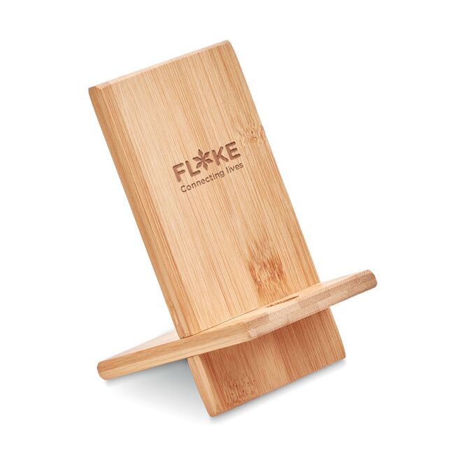 Streuartikel Smartphone Halter Whippy Bambus – holzfarben – mit Logo bedruckt nachhaltig für den Büroalltag