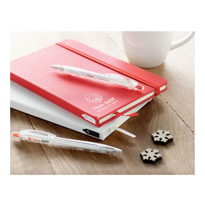 Firmengeschenk Notizbuch DIN A5 600D RPET – rot – mit Logodruck, 80 Seiten Recycling-Papier, nachhaltiges Journal für CSR-Promotions