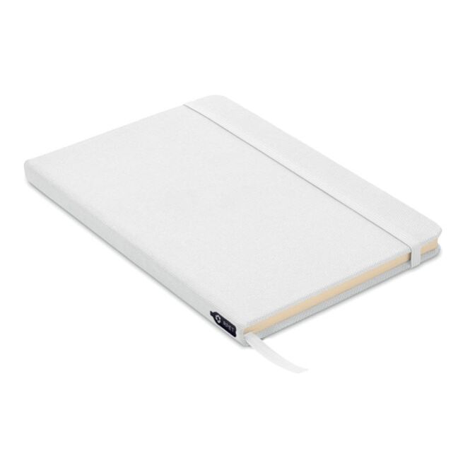 Firmengeschenk Notizbuch 600D RPET – weiss – mit individuellem Werbedruck, 80 linierte Seiten, recyceltes Papier, nachhaltiges Journal