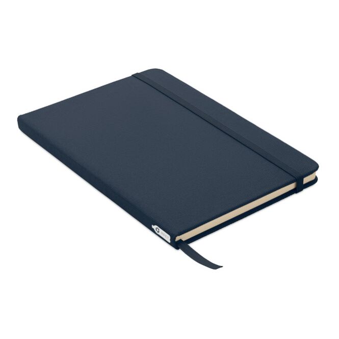 Mitarbeitergeschenk Notizbuch 600D RPET – marineblau – mit individuellem Werbedruck DIN A5, 80 Seiten recyceltes Papier, nachhaltiges Journal