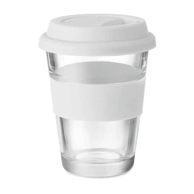 Kundengeschenk Glas Becher – weiss – mit Logodruck 350 ml für die Büroküche