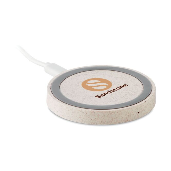 Kundengeschenk Wireless Charger Weizenstroh – beige – mit Logo bedruckt, nachhaltig, induktives Ladepad für das Homeoffice