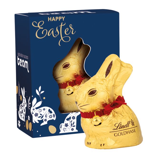 Oster-Werbeartikel Lindt Box Maxi – weiss – mit individuellem Etikett 50 g als süßes Oster-Werbegeschenk für Kunden auf Messen und Events