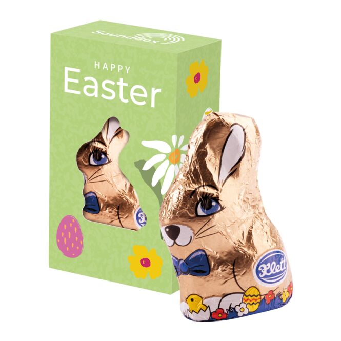 Oster-Werbeartikel Klett Schoko-Osterhase – mini – mit individueller Banderole 15g als süßes Oster-Werbegeschenk für Kunden und Partner