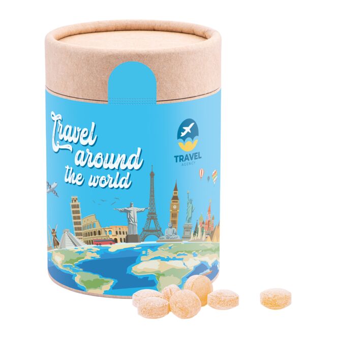 Streuartikel Papierdose Eco Maxi – honigbienen bonbons – mit bedrucktem Etikett 200 g als Werbemittel für Kunden auf Messen und Events