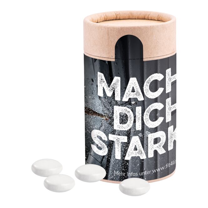Firmengeschenk Papierdose Eco Midi – rund – mit Werbedruck kompostierbar mit Originalitätsverschluss, idealer Streuartikel