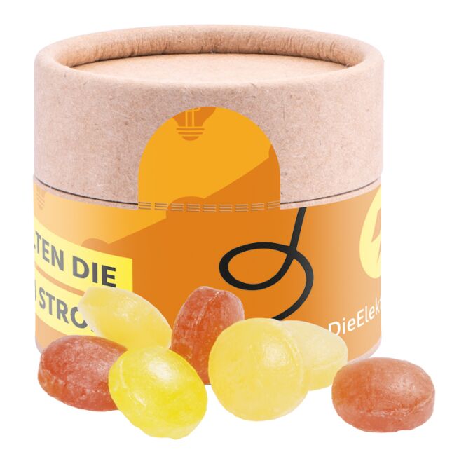 Streuartikel Papierdose Eco Mini – mit bonbons – mit bedrucktem Etikett als Werbemittel für Messen und Events an potenzielle Kunden