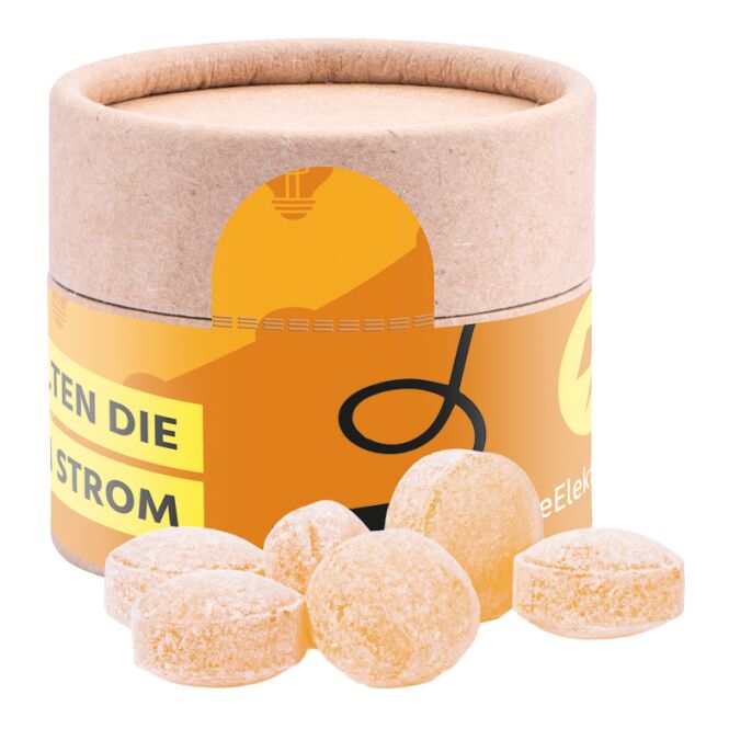 Streuartikel Papierdose Eco Mini – mit bonbons – mit bedrucktem Etikett für Messen und Events zur Kundengewinnung und Mitarbeiterbindung