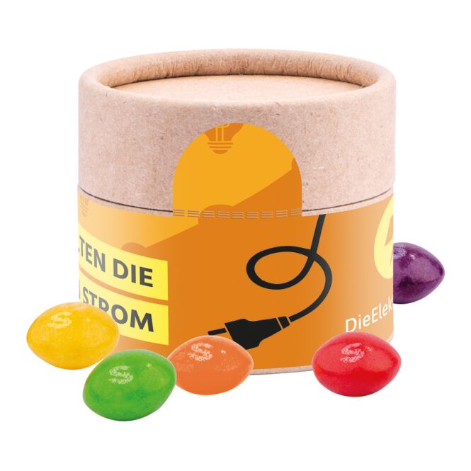 Streuartikel Papierdose Eco Mini – mit bonbons – mit bedrucktem Etikett für messen und events als werbemittel für potenzielle kunden