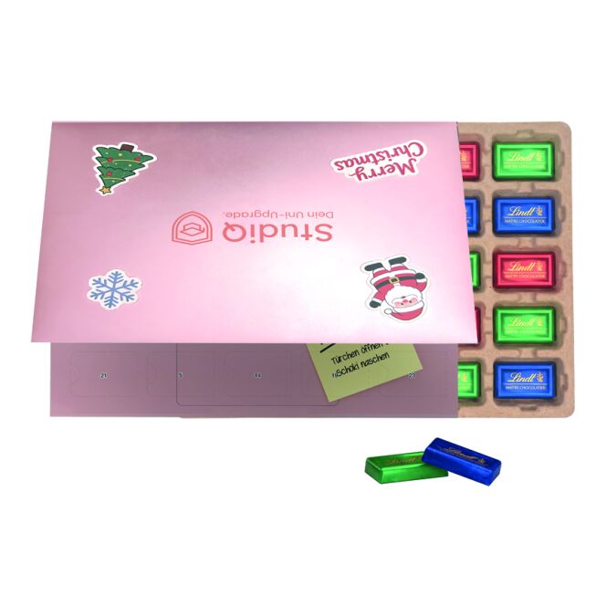 Firmengeschenk Premium Tisch Adventskalender Flip Cover Eco Querformat – mit weihnachtsmotiv – inkl. Werbeaufdruck als Weihnachtsgeschenk für Kunden und Partner