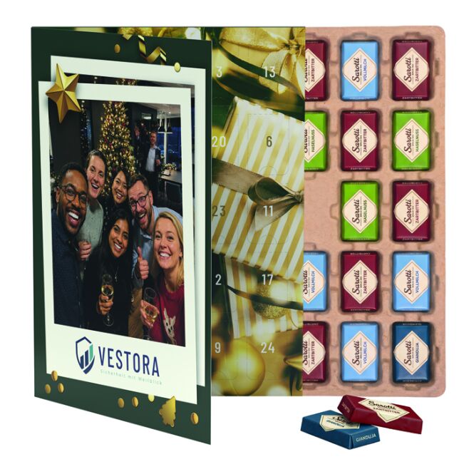 Firmengeschenk Premium Tisch Adventskalender Flip Cover Eco Hochformat – weihnachtlich – inkl. Werbeaufdruck 1 Stück als Weihnachtsgeschenk für Mitarbeiter