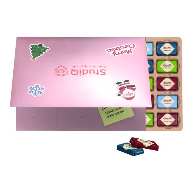 Firmengeschenk Premium Tisch Adventskalender Flip Cover Eco Querformat – weihnachtlich – mit bedrucktem Etikett als Weihnachtsgeschenk für Kunden